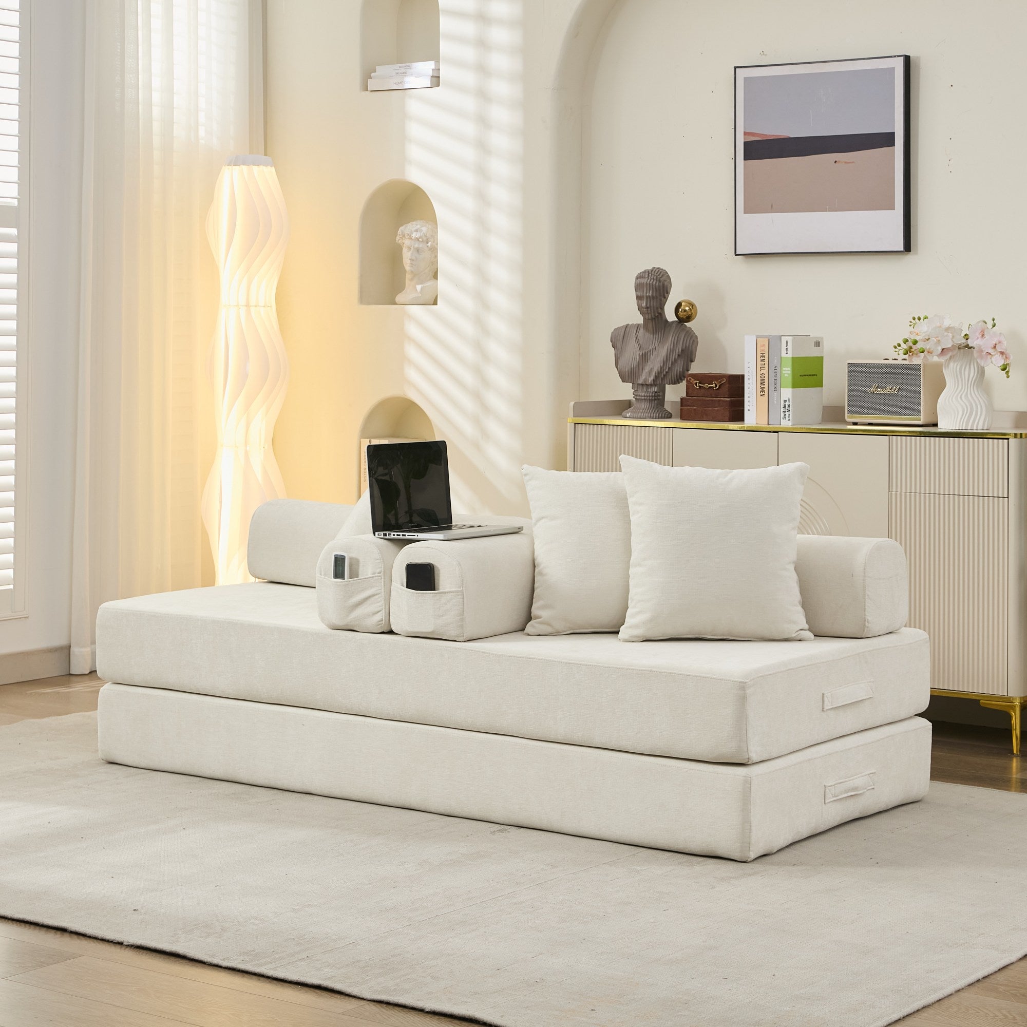 Beige Chenille Floor Sofa