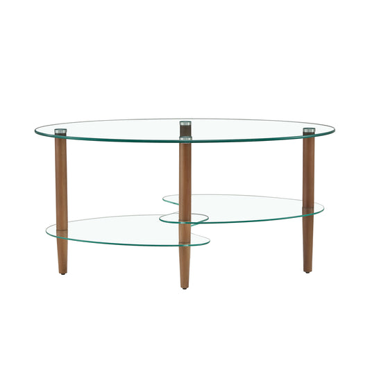 Transparente ovale Glas-Couchtisch Moderner Tisch mit Holzbeinen Teetisch 3-stöckig