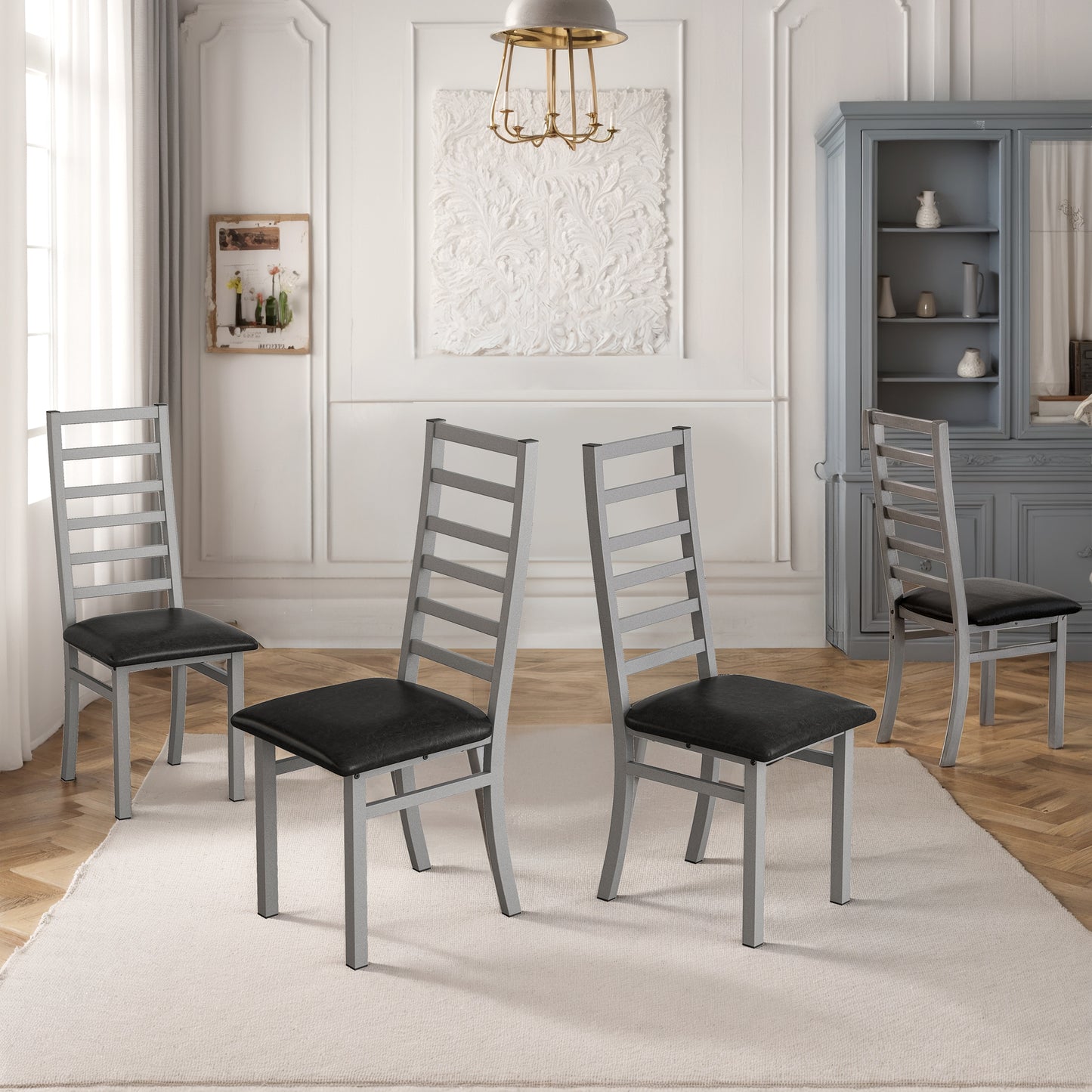 Metallische Esszimmerstühle Set aus 4, Stahlbeine und PU-Leder-Sitzflächen, hochrückige armlosen Esszimmerstühle, für Küche, Wohnzimmer, Grau