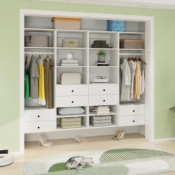 Schrankorganisationssystem, Wandmontierter Schrankaufbewahrungsbereich mit Schubladen und Regalen, Schrankaufbewahrung für das Schlafzimmer, Weiß