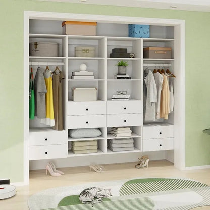 Schrankorganisationssystem, Wandmontierter Schrankaufbewahrungsbereich mit Schubladen und Regalen, Schrankaufbewahrung für das Schlafzimmer, Weiß