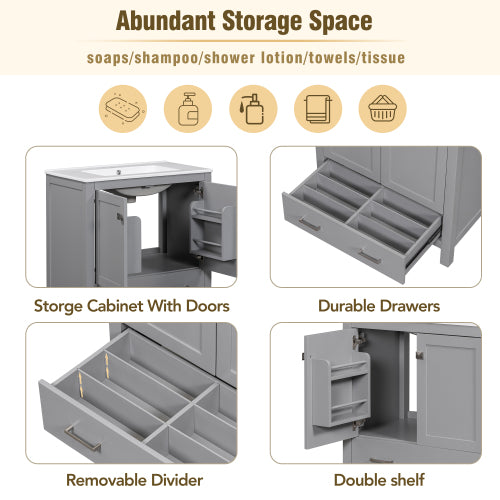 30  Gray Bathroom Vanity With Single Sink, Combo Cabinet Undermount Sink, Bathroom Storage Cabinet With 2 Doors And A Drawer, Soft Closing, Multifunctional Storage, Solid Wood Frame
