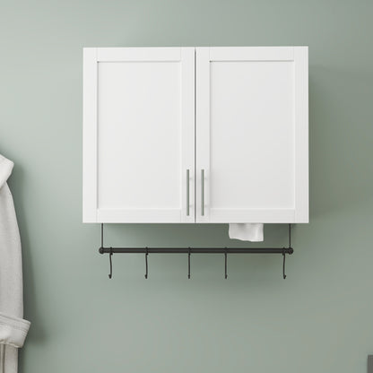 Badezimmer-Wandregal mit einstellbarem Fach, Handtuchhalter, 5 Haken, Stauraum über der Toilette für Badezimmer, Küche, weiß
