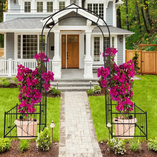 Metall-Gartenbogen mit zwei Pflanzenständern 79,5'' breit x 86,6'' hoch Kletterpflanzenstütze Rosenbogen für draußen schwarz