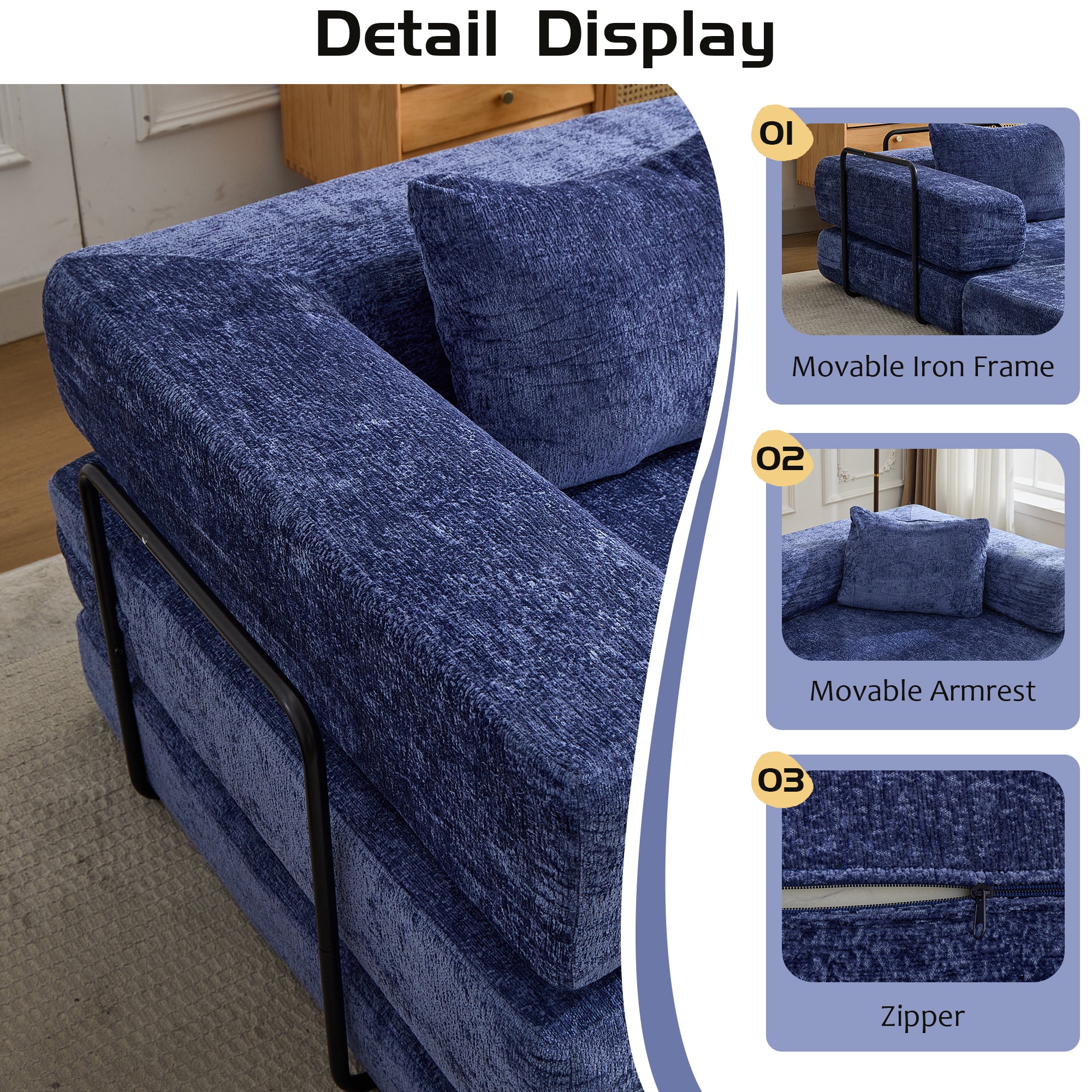Kompressions-Sofa, Umwandelbares Boden-Sofa-Bett mit feststehendem Rahmen, Knochenloses modulares Sektionalsofa, Keine Montage erforderlich, Chenille-Stoff, für Wohnzimmer und Schlafzimmer, Dunkelblau