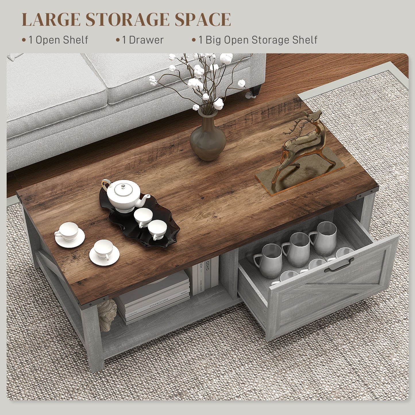 Farmhouse Coffee Table with Storage and Drawer