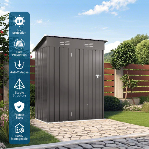 5X3 FT Metallischer Außenlager-Schrank, Werkzeugschrank mit Satteldach und abschließbarer Tür – Kompakter Metall-Werkzeugschrank für Garten, Hinterhof, Terrasse, Alltagsgegenstände und Fahrrad-Lagerung, Grau