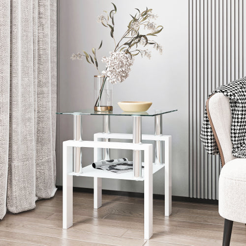 1-teiliger moderner Teetisch Couchtisch Beistelltisch aus gehärtetem Glas, quadratischer Tisch für das Wohnzimmer, Transparent Weiß