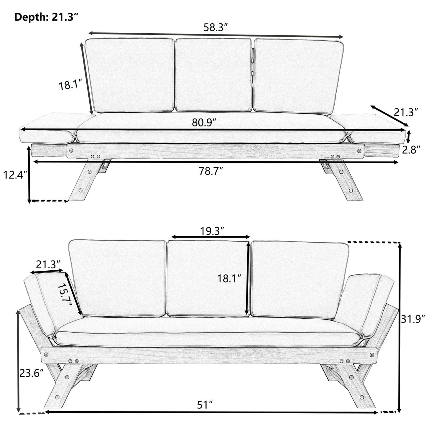 TOPMAX Outdoor Verstellbares Terrassen-Holz-Tagbett-Sofa-Chaiselongue mit Kissen für kleine Räume, Bro