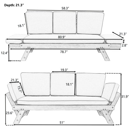 TOPMAX Outdoor Verstellbares Terrassen-Holz-Tagbett-Sofa-Chaiselongue mit Kissen für kleine Räume, Bro