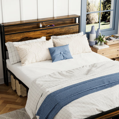 Queen-Size-Bettgestell, Stauraum-Kopfteil mit LED-Beleuchtung, Ladestation, Solide und Stabil, Geräuscharm