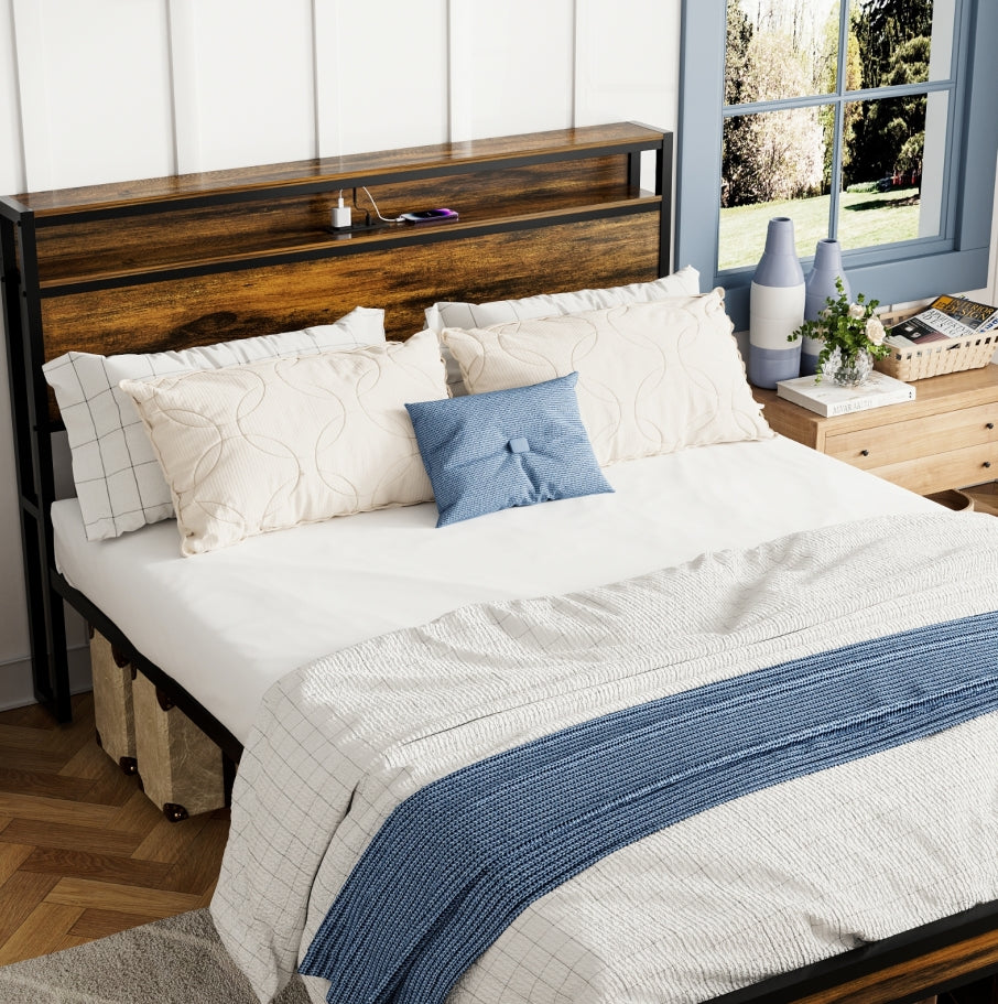 Queen-Size-Bettgestell, Stauraum-Kopfteil mit LED-Beleuchtung, Ladestation, Solide und Stabil, Geräuscharm