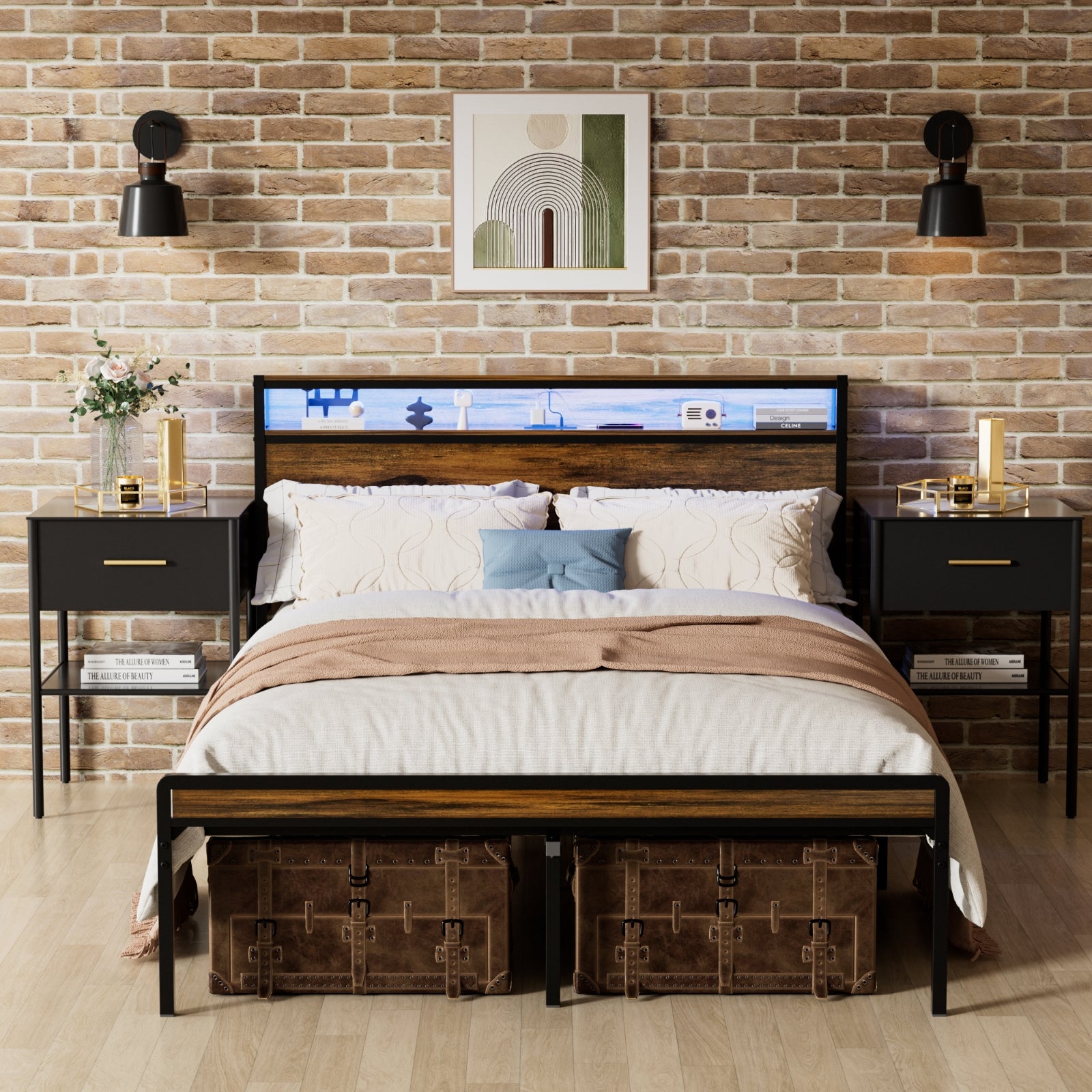 Queen-Size-Bettgestell, Stauraum-Kopfteil mit LED-Beleuchtung, Ladestation, Solide und Stabil, Geräuscharm