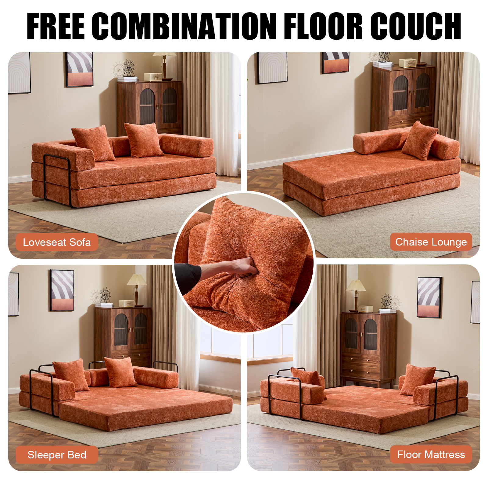 Orange Chenille Floor Sofa