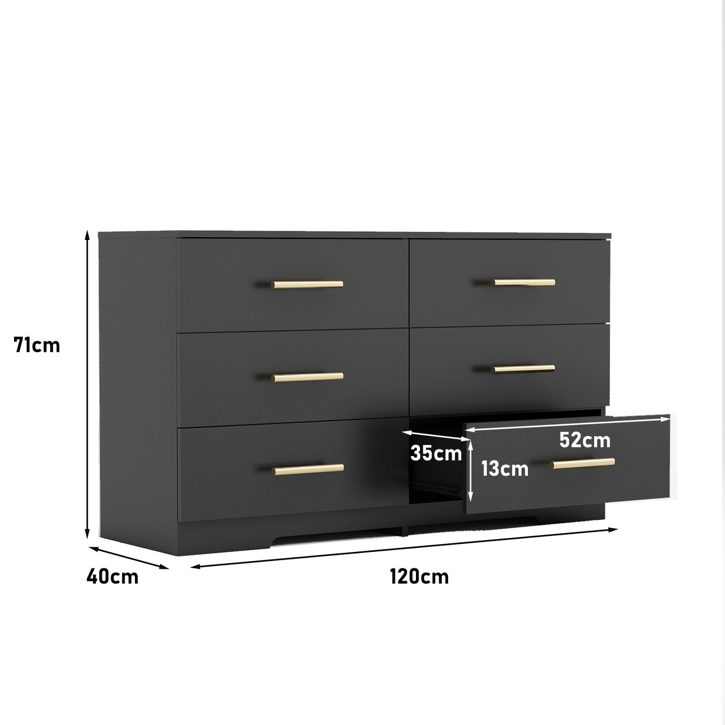 Schwarze große Kommode mit 6 Schubladen und goldenem Griff