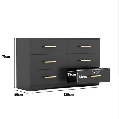 Schwarze große Kommode mit 6 Schubladen und goldenem Griff