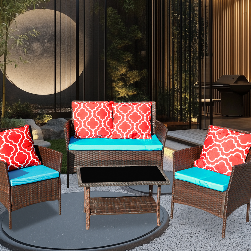 Vierteiliges Sofaset mit Tisch und Sofa-Sessel PE-Rattan Außenmöbel W3152P269436 Kasten 1 mit Saphirblau-farbenen Kissen