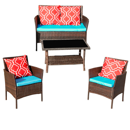 Four-Piece Sofa Set Table With Sofa Chair PE Rattan Outdoor Furniture W3152P269436 Box1 With Sapphire Blue Color Cushion