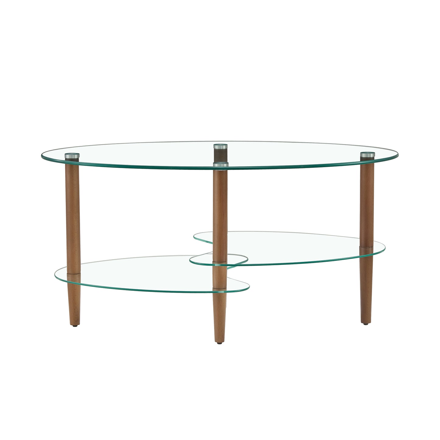 Transparenter ovaler Glastisch für den Wohnzimmerbereich, moderner Couchtisch, Couchtisch mit Eichenbeinen, dreilagiger Glastisch