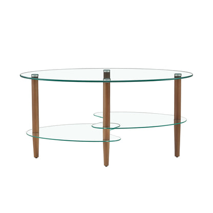 Transparenter ovaler Glastisch für den Wohnzimmerbereich, moderner Couchtisch, Couchtisch mit Eichenbeinen, dreilagiger Glastisch