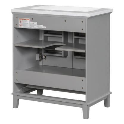30-Zoll-Badwaschtisch mit Waschbecken-Kombination, Multifunktionaler Badezimmerschrank mit Türen und Schublade, Solider Rahmen und MDF-Platte, Grau