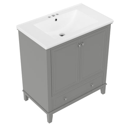 30-Zoll-Badwaschtisch mit Waschbecken-Kombination, Multifunktionaler Badezimmerschrank mit Türen und Schublade, Solider Rahmen und MDF-Platte, Grau