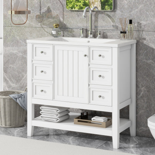 36-Zoll-Badwaschtisch mit Waschbecken, einem Schrank und drei Schubladen, Massivholz und MDF-Platte,