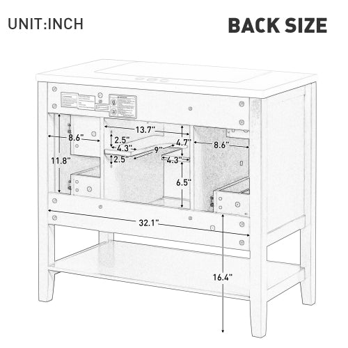36 Bathroom Vanity With Sink, One Cabinet And Three Drawers, Solid Wood And MDF Board,