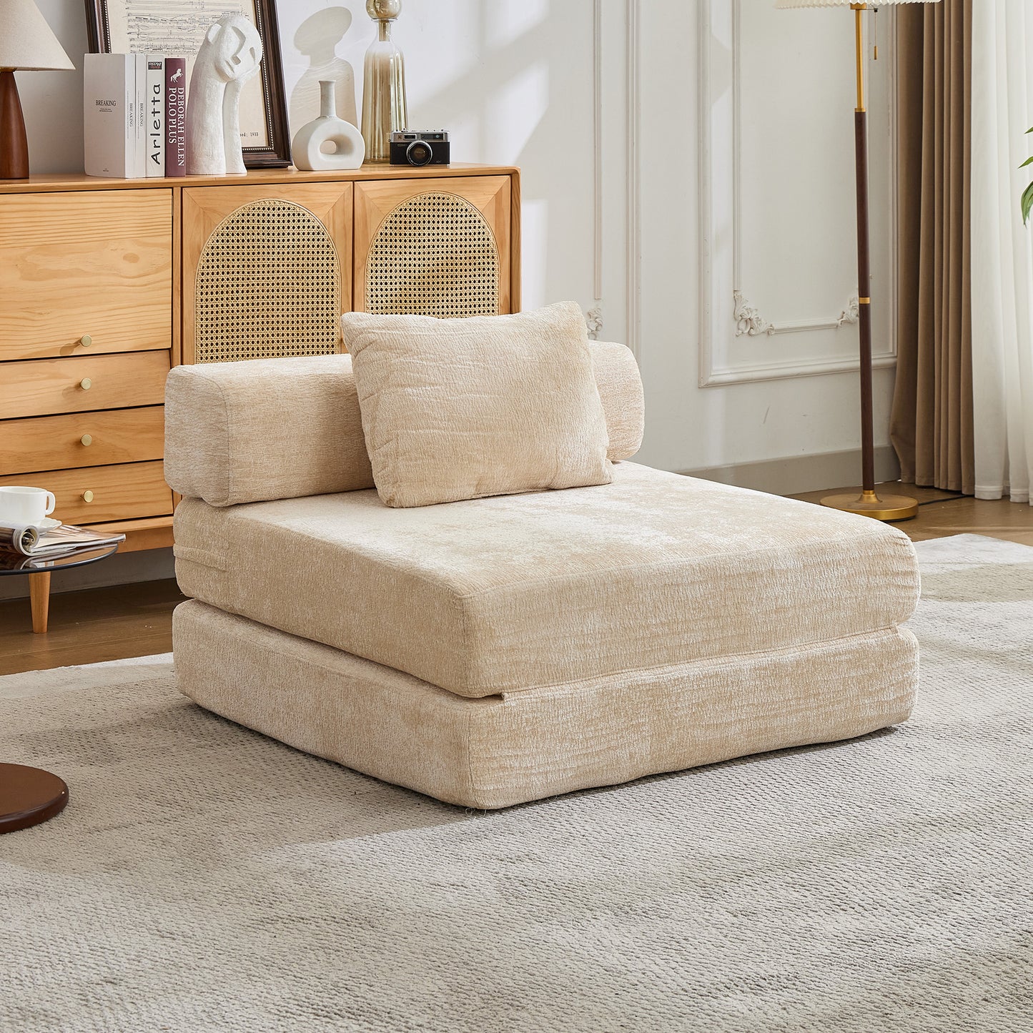 Kompressions-Sofa, Umklappbares Boden-Sofa-Bett mit feststehendem Rahmen, Einzelner Sitzplatz ohne Knochen modularer Sektionssofa, Keine Montage erforderlich, Chenille-Stoff, für Wohnzimmer und Schlafzimmer, Beige