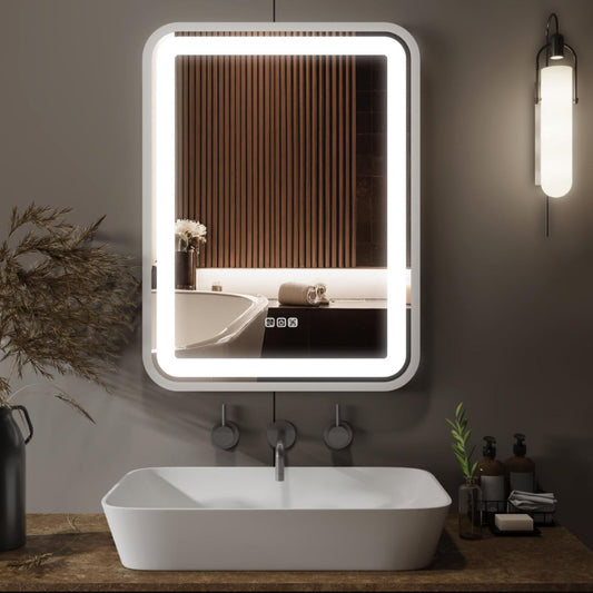 Badezimmerspiegel mit Beleuchtung für die Wand, intelligenter LED-Rahmen, Schminkspiegel über dem Waschbecken, dimmbar, 3 Farbtemperaturen, Anti-Nebel-Funktion, Speicherfunktion, vertikal & horizontal