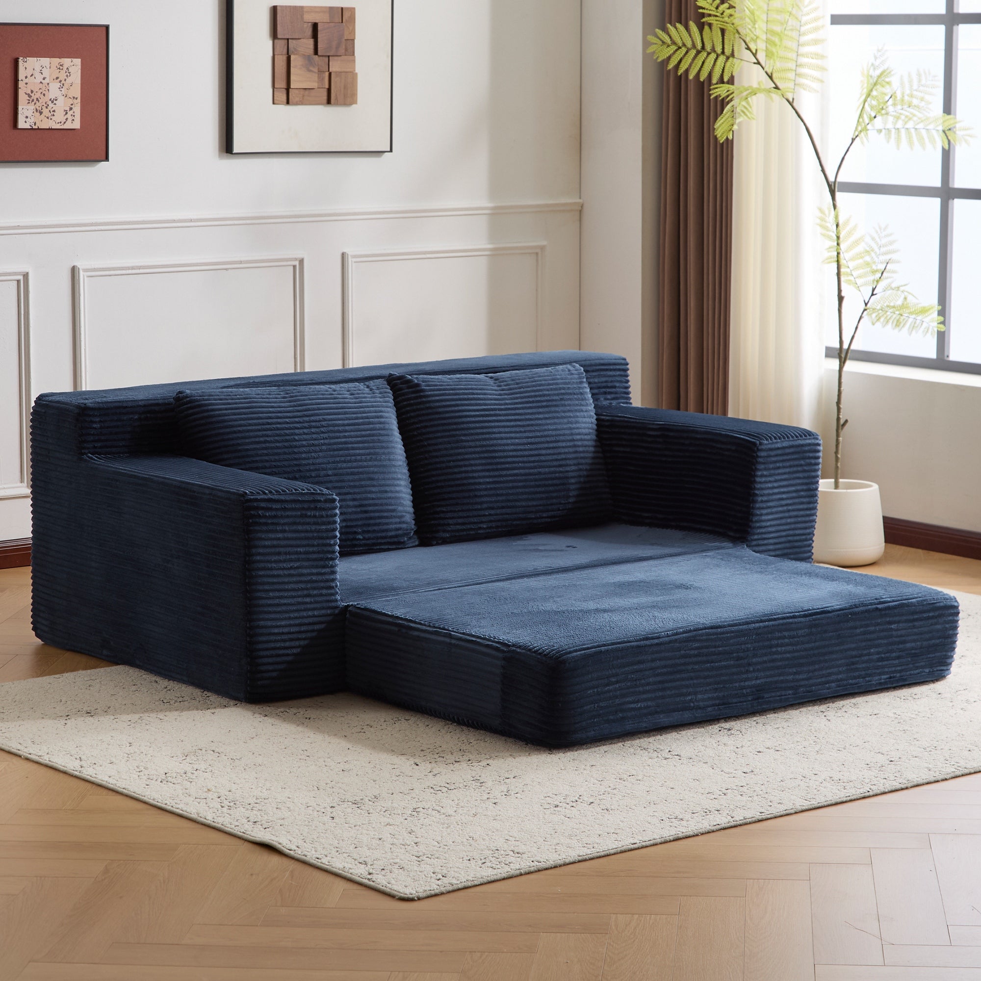 Zweisitzer-Sofa, Bequemes Sofa-Bett mit tiefer Sitzfläche, Modernes kleines Cord-Sofa für Wohnzimmer und Schlafzimmer, Umkehrbares Kissen mit Kissen, Keine Montage erforderlich, Dunkelblau