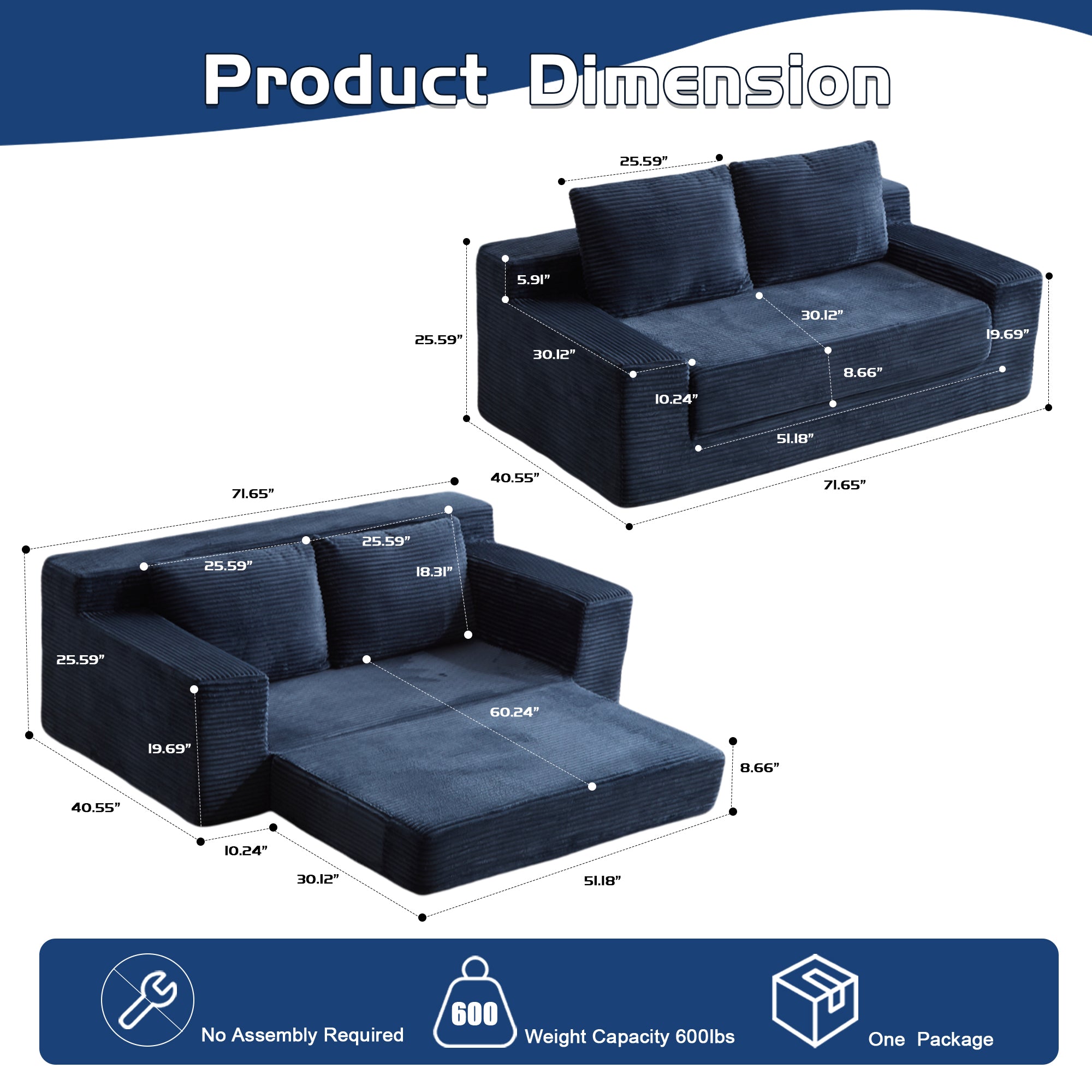 Dark Blue Corduroy Loveseat