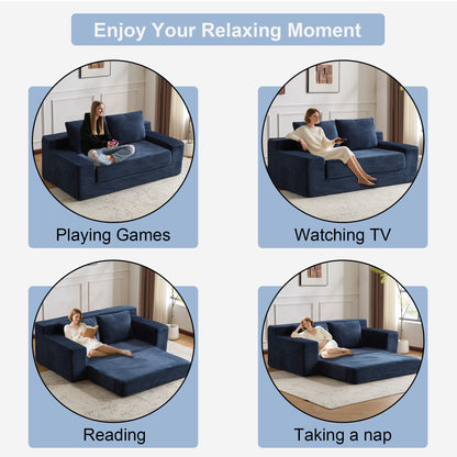 Zweisitzer-Sofa, Bequemes Sofa-Bett mit tiefer Sitzfläche, Modernes kleines Cord-Sofa für Wohnzimmer und Schlafzimmer, Umkehrbares Kissen mit Kissen, Keine Montage erforderlich, Dunkelblau