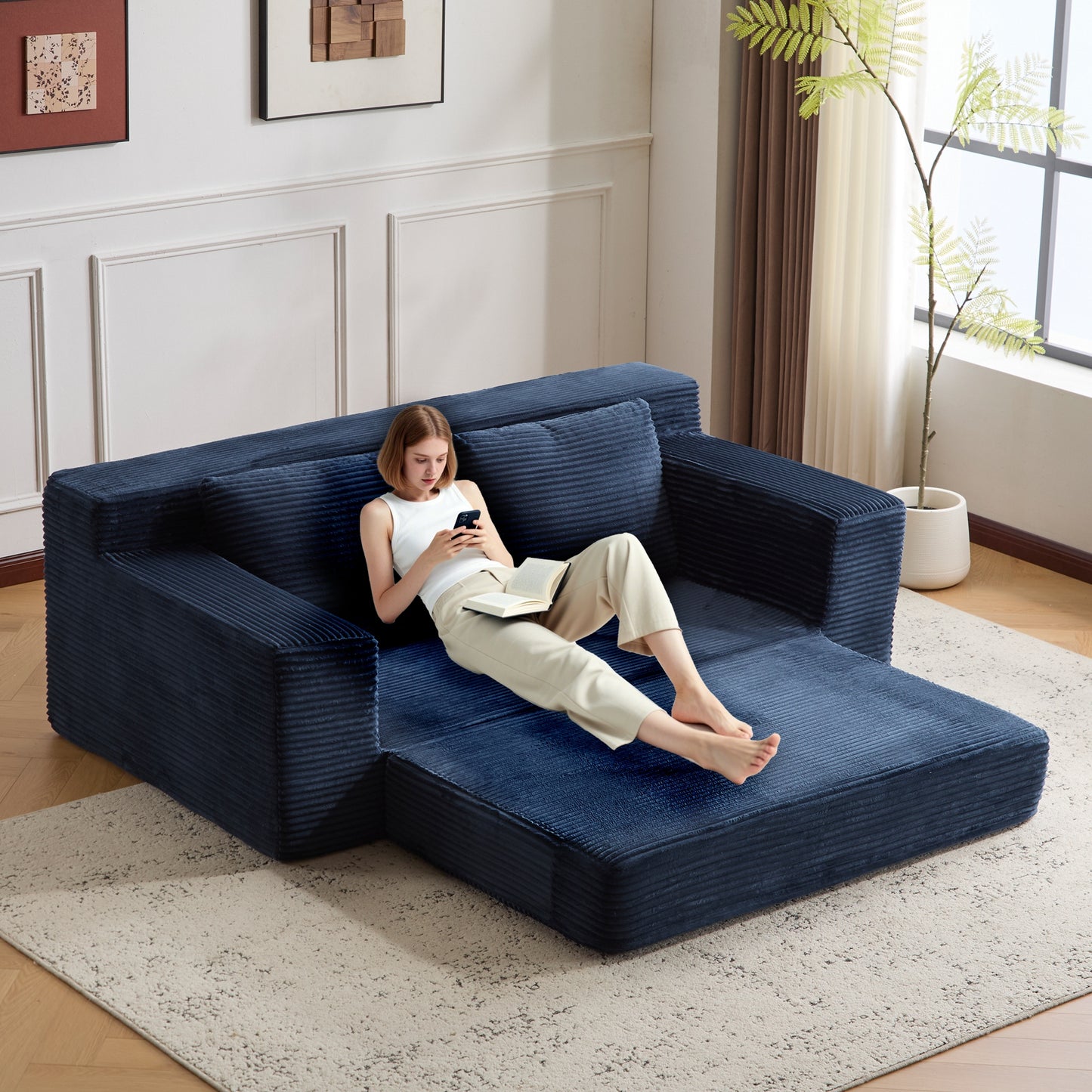 Zweisitzer-Sofa, Bequemes Sofa-Bett mit tiefer Sitzfläche, Modernes kleines Cord-Sofa für Wohnzimmer und Schlafzimmer, Umkehrbares Kissen mit Kissen, Keine Montage erforderlich, Dunkelblau