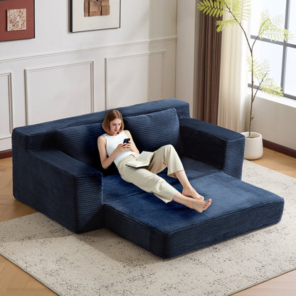 Zweisitzer-Sofa, Bequemes Sofa-Bett mit tiefer Sitzfläche, Modernes kleines Cord-Sofa für Wohnzimmer und Schlafzimmer, Umkehrbares Kissen mit Kissen, Keine Montage erforderlich, Dunkelblau
