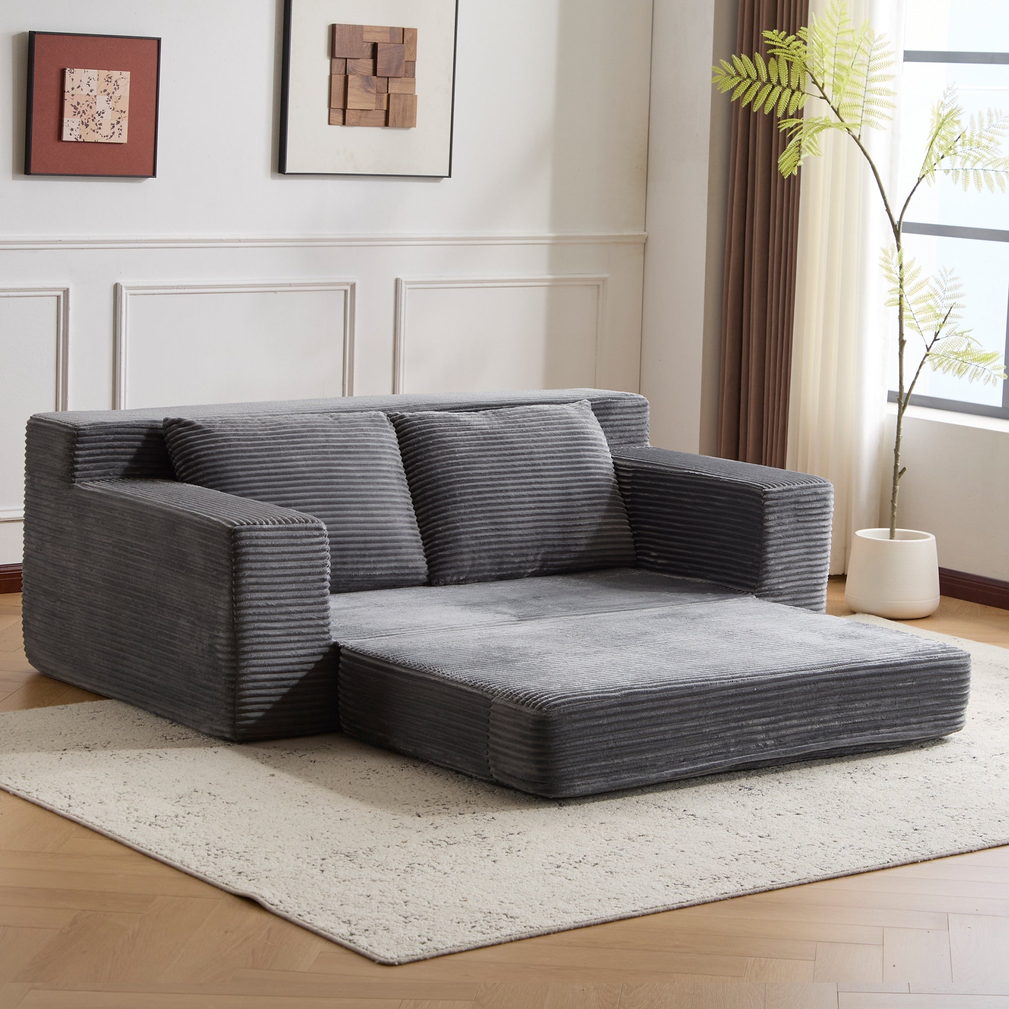Zweisitzer-Sofa, Bequemes Sofa-Bett mit tiefer Sitzfläche, Modernes kleines Cord-Sofa für Wohnzimmer und Schlafzimmer, Umkehrbares Kissen mit Kissen, Keine Montage erforderlich, Dunkelgrau