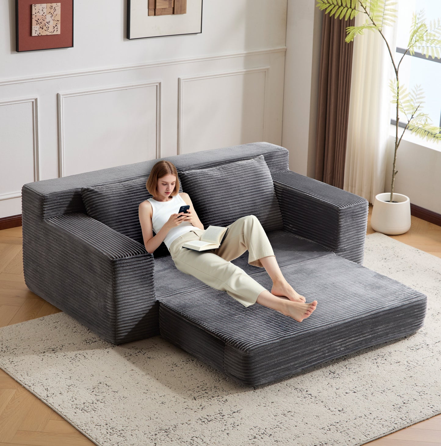 Zweisitzer-Sofa, Bequemes Sofa-Bett mit tiefer Sitzfläche, Modernes kleines Cord-Sofa für Wohnzimmer und Schlafzimmer, Umkehrbares Kissen mit Kissen, Keine Montage erforderlich, Dunkelgrau