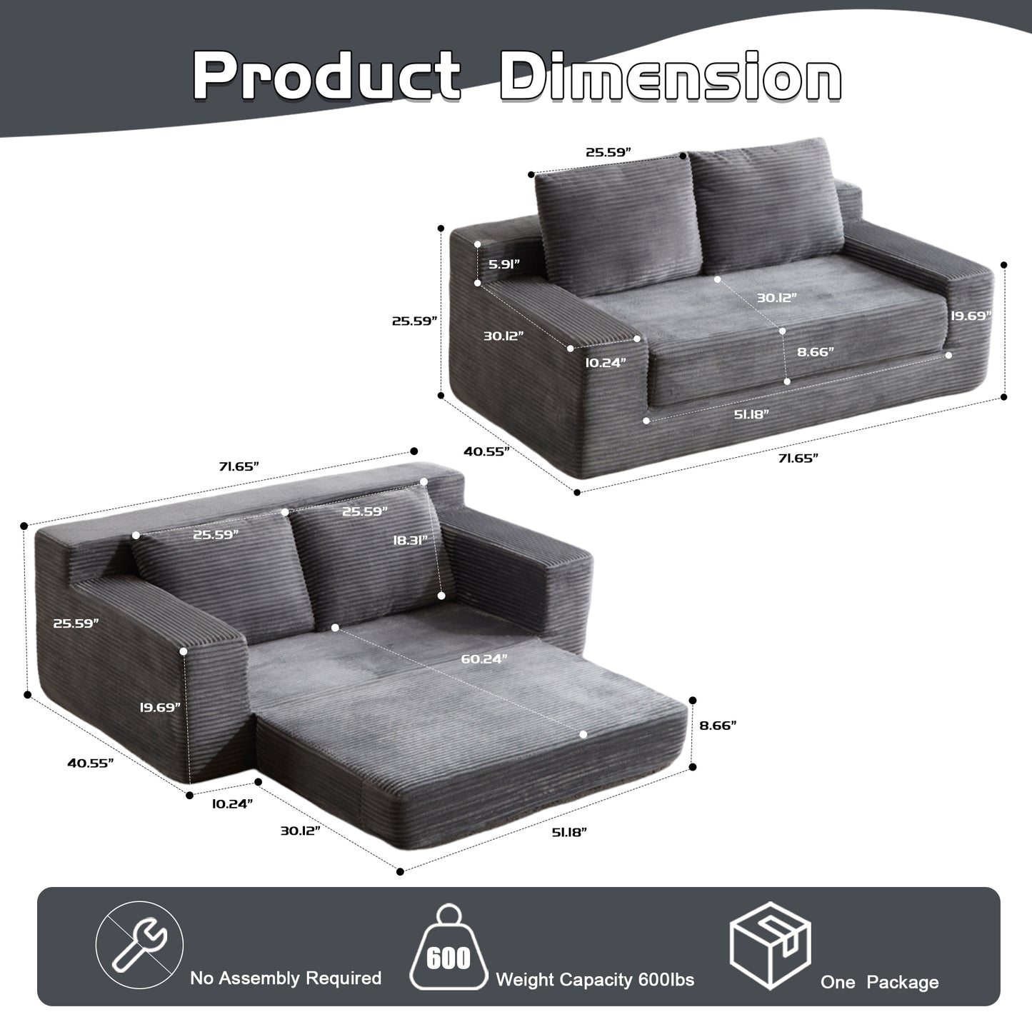 Zweisitzer-Sofa, Bequemes Sofa-Bett mit tiefer Sitzfläche, Modernes kleines Cord-Sofa für Wohnzimmer und Schlafzimmer, Umkehrbares Kissen mit Kissen, Keine Montage erforderlich, Dunkelgrau