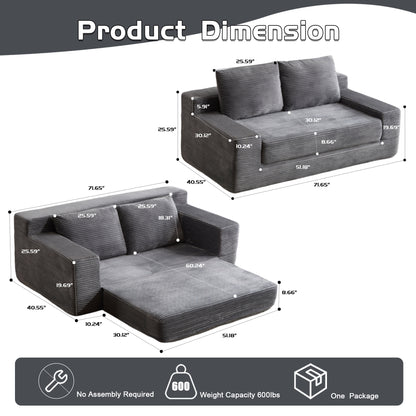 Zweisitzer-Sofa, Bequemes Sofa-Bett mit tiefer Sitzfläche, Modernes kleines Cord-Sofa für Wohnzimmer und Schlafzimmer, Umkehrbares Kissen mit Kissen, Keine Montage erforderlich, Dunkelgrau