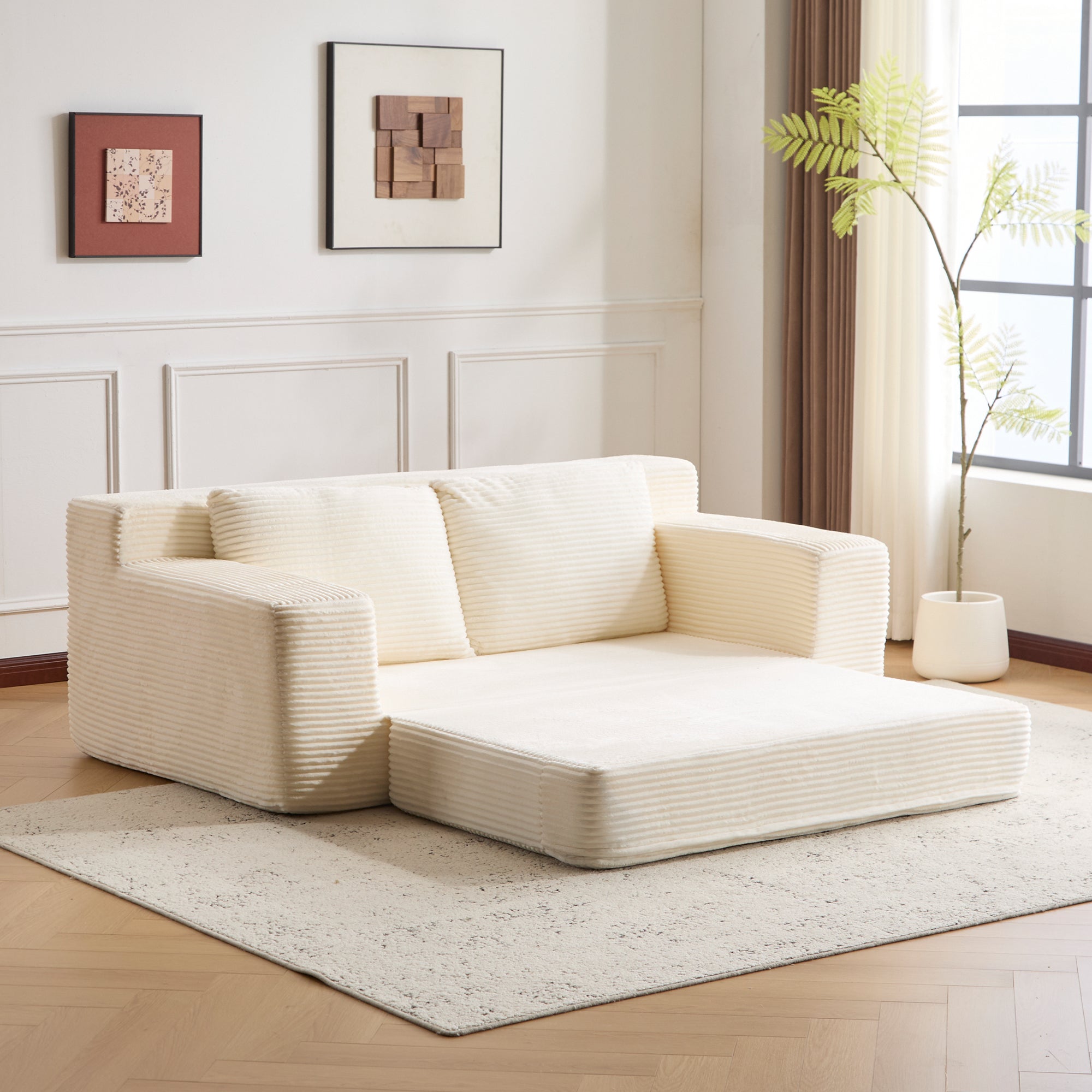 Zweisitzer-Sofa, Bequemes Sofa-Bett mit tiefer Sitzfläche, Modernes kleines Cord-Sofa für Wohnzimmer und Schlafzimmer, Umkehrbares Kissen mit Kissen, Keine Montage erforderlich, Weiß