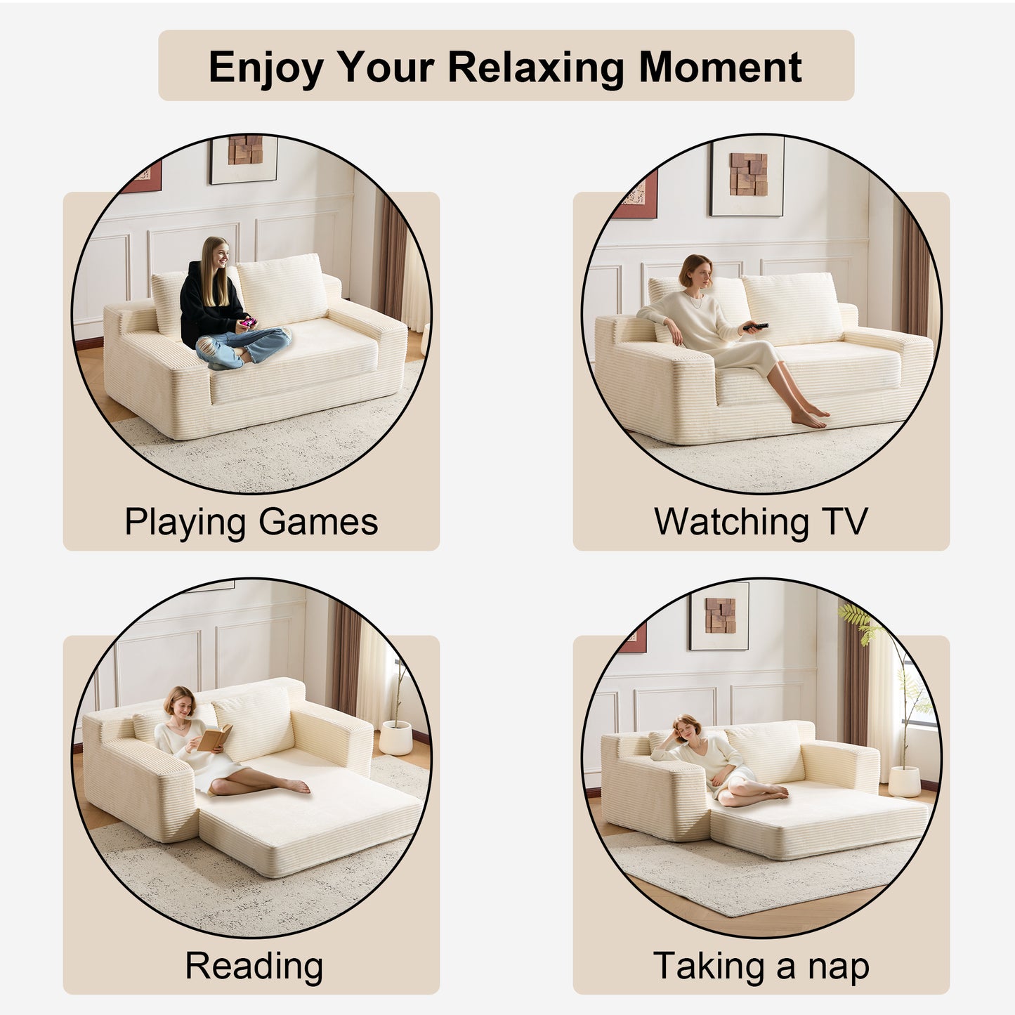Zweisitzer-Sofa, Bequemes Sofa-Bett mit tiefer Sitzfläche, Modernes kleines Cord-Sofa für Wohnzimmer und Schlafzimmer, Umkehrbares Kissen mit Kissen, Keine Montage erforderlich, Weiß
