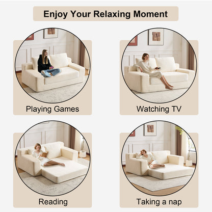 Zweisitzer-Sofa, Bequemes Sofa-Bett mit tiefer Sitzfläche, Modernes kleines Cord-Sofa für Wohnzimmer und Schlafzimmer, Umkehrbares Kissen mit Kissen, Keine Montage erforderlich, Weiß