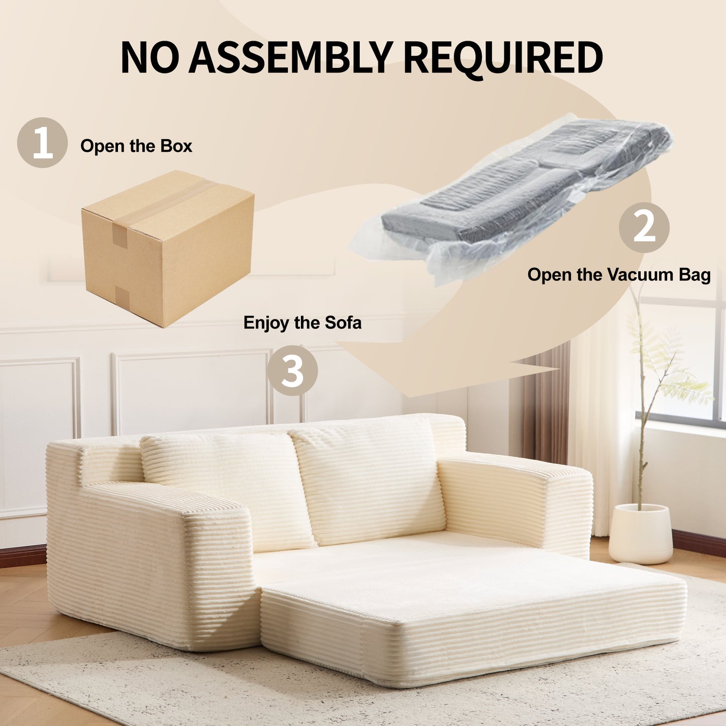 Zweisitzer-Sofa, Bequemes Sofa-Bett mit tiefer Sitzfläche, Modernes kleines Cord-Sofa für Wohnzimmer und Schlafzimmer, Umkehrbares Kissen mit Kissen, Keine Montage erforderlich, Weiß