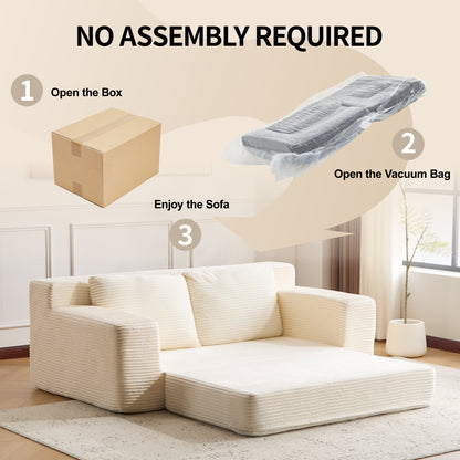 Zweisitzer-Sofa, Bequemes Sofa-Bett mit tiefer Sitzfläche, Modernes kleines Cord-Sofa für Wohnzimmer und Schlafzimmer, Umkehrbares Kissen mit Kissen, Keine Montage erforderlich, Weiß