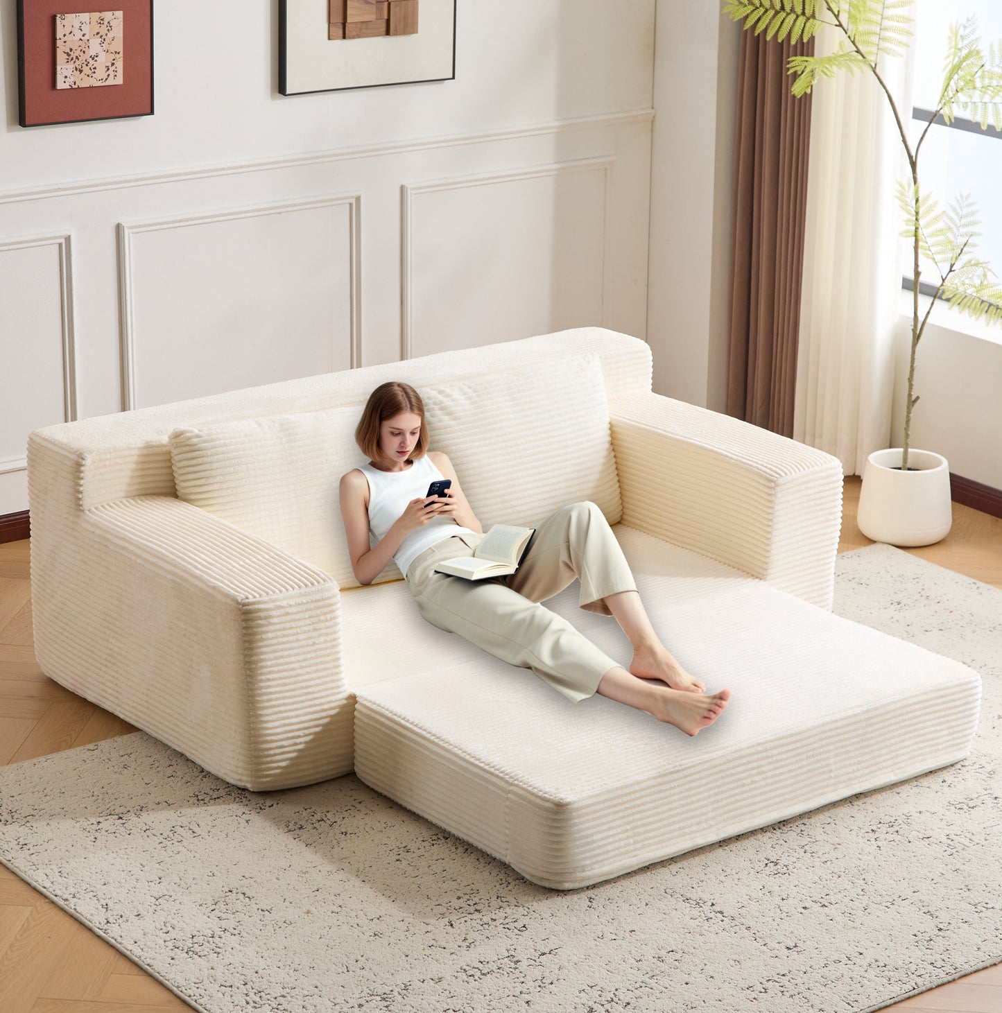 Zweisitzer-Sofa, Bequemes Sofa-Bett mit tiefer Sitzfläche, Modernes kleines Cord-Sofa für Wohnzimmer und Schlafzimmer, Umkehrbares Kissen mit Kissen, Keine Montage erforderlich, Weiß