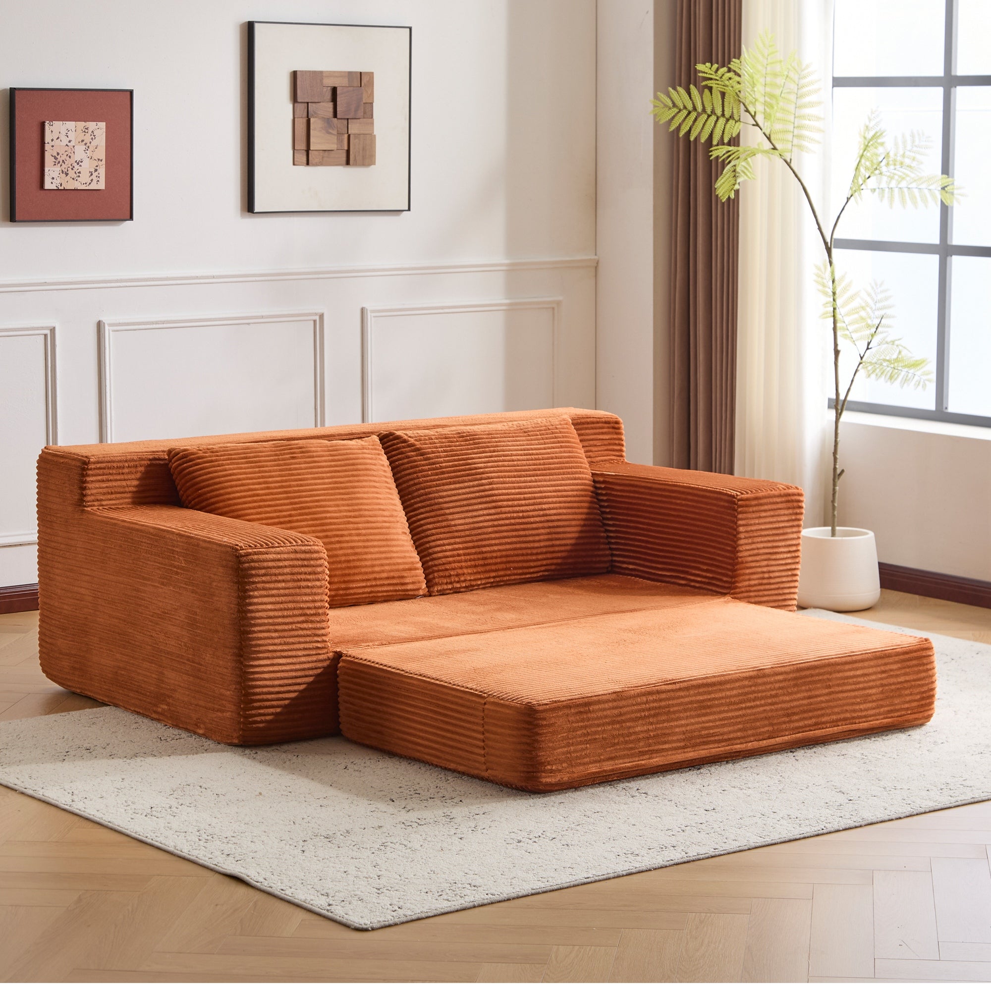 Zweisitzer-Sofa, Bequemes Sofa-Bett mit tiefer Sitzfläche, Modernes kleines Cord-Sofa für Wohnzimmer und Schlafzimmer, Umkehrbares Kissen mit Kissen, Keine Montage erforderlich, Orange