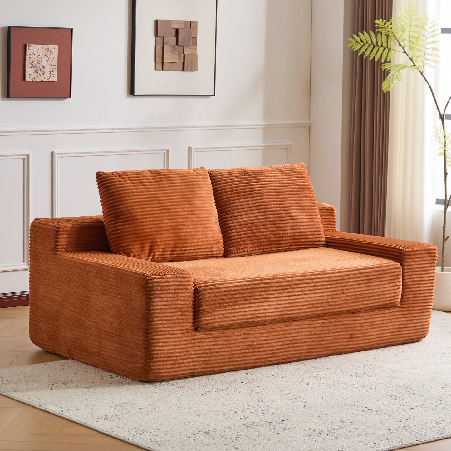 Zweisitzer-Sofa, Bequemes Sofa-Bett mit tiefer Sitzfläche, Modernes kleines Cord-Sofa für Wohnzimmer und Schlafzimmer, Umkehrbares Kissen mit Kissen, Keine Montage erforderlich, Orange
