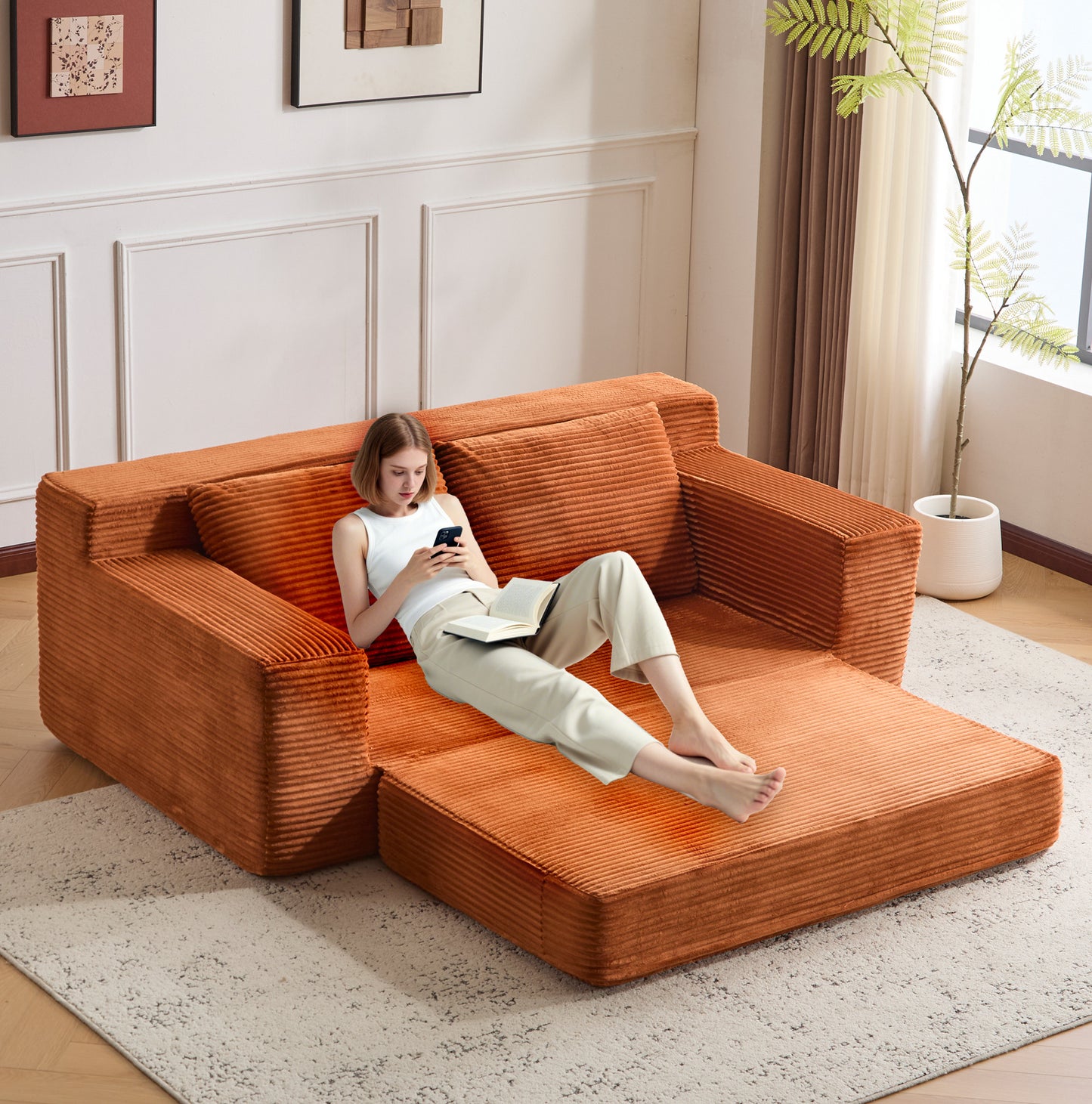Zweisitzer-Sofa, Bequemes Sofa-Bett mit tiefer Sitzfläche, Modernes kleines Cord-Sofa für Wohnzimmer und Schlafzimmer, Umkehrbares Kissen mit Kissen, Keine Montage erforderlich, Orange