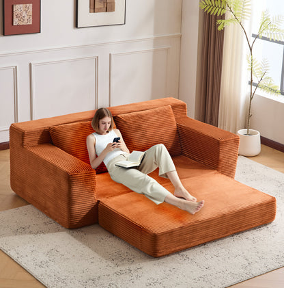 Zweisitzer-Sofa, Bequemes Sofa-Bett mit tiefer Sitzfläche, Modernes kleines Cord-Sofa für Wohnzimmer und Schlafzimmer, Umkehrbares Kissen mit Kissen, Keine Montage erforderlich, Orange