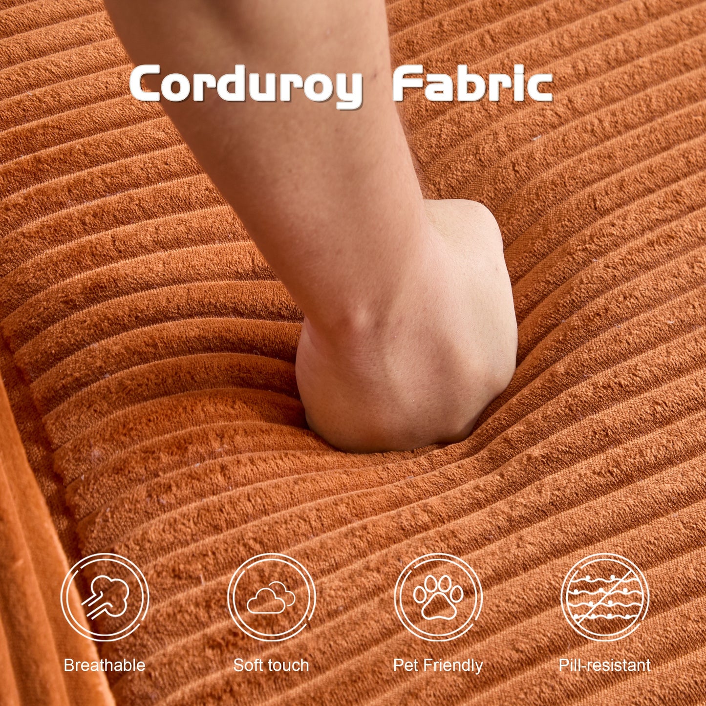 Zweisitzer-Sofa, Bequemes Sofa-Bett mit tiefer Sitzfläche, Modernes kleines Cord-Sofa für Wohnzimmer und Schlafzimmer, Umkehrbares Kissen mit Kissen, Keine Montage erforderlich, Orange